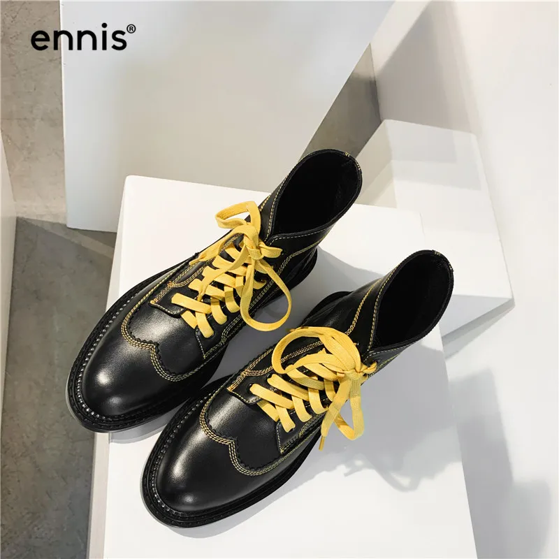ENNIS/ г. Черные Ботинки martin в европейском стиле женские ботинки из натуральной кожи Дизайнерские ботильоны на плоской подошве со шнуровкой Осенняя обувь новинка, A9163