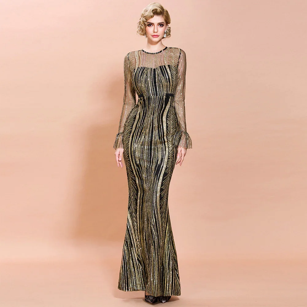 

Elegant Long Dress Bodycon Floor Length Long Sleeves Women Sequins Evening Party Formal Gowns Prom Maxi Mermaid Dresses Sheer