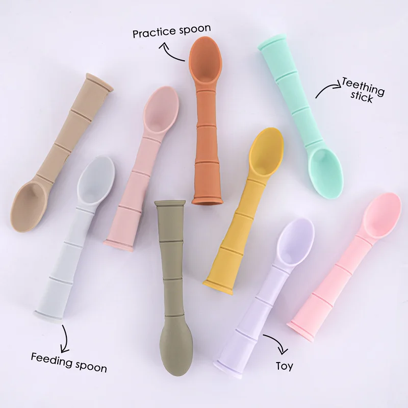 Baby Bamboo Silicone Spoon Baby Feeding Spoon Toddlers Infant Feeding Accessories BPA Free Food Grade Materia Handle Toddlers