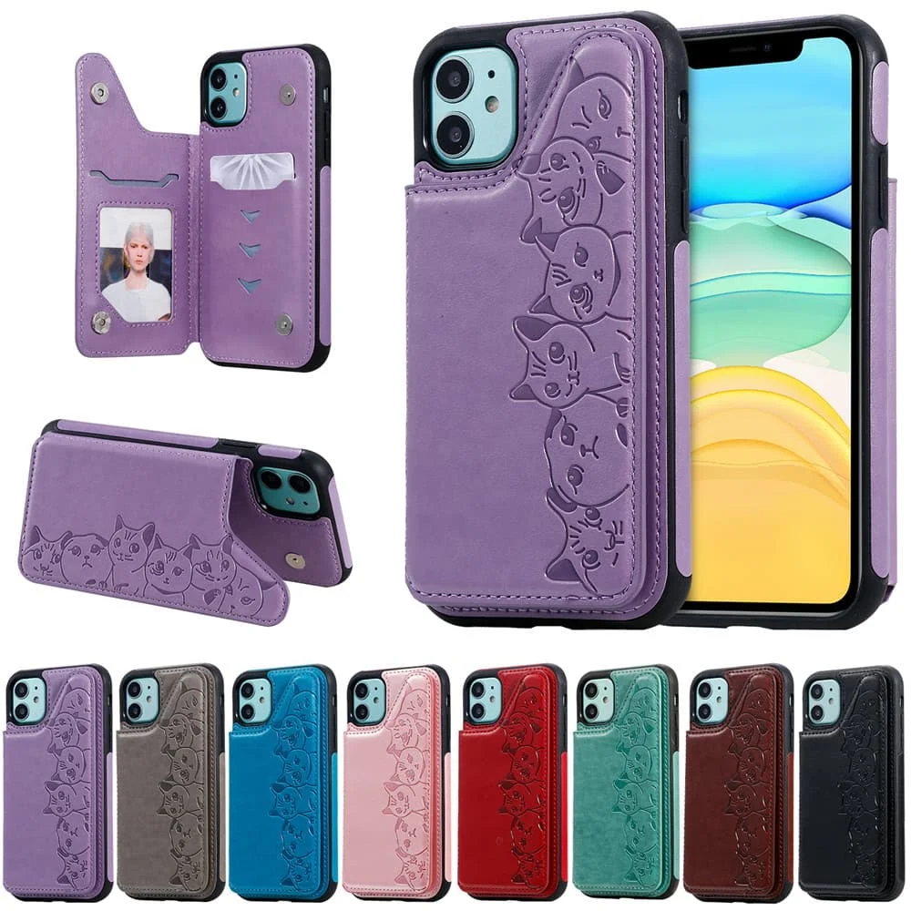 

Shockproof Case for iPhone 11 Pro X Xr Xs Max Protection Cute Cat Leather Card Slot Back Cover for Apple 8 7 Plus 6 6s 11Pro New