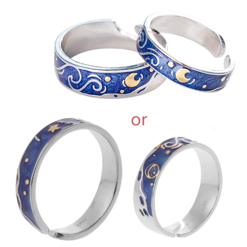 S925 Silver Plated Van Gogh Blue Starry Sky Open Lover Rings Band Love Forever Ring Set 2Pcs Romantic Jewelry ring set,couples rings,finger ring,silver ring,opening ring,adjustable rings,wedding rings,wedding ring