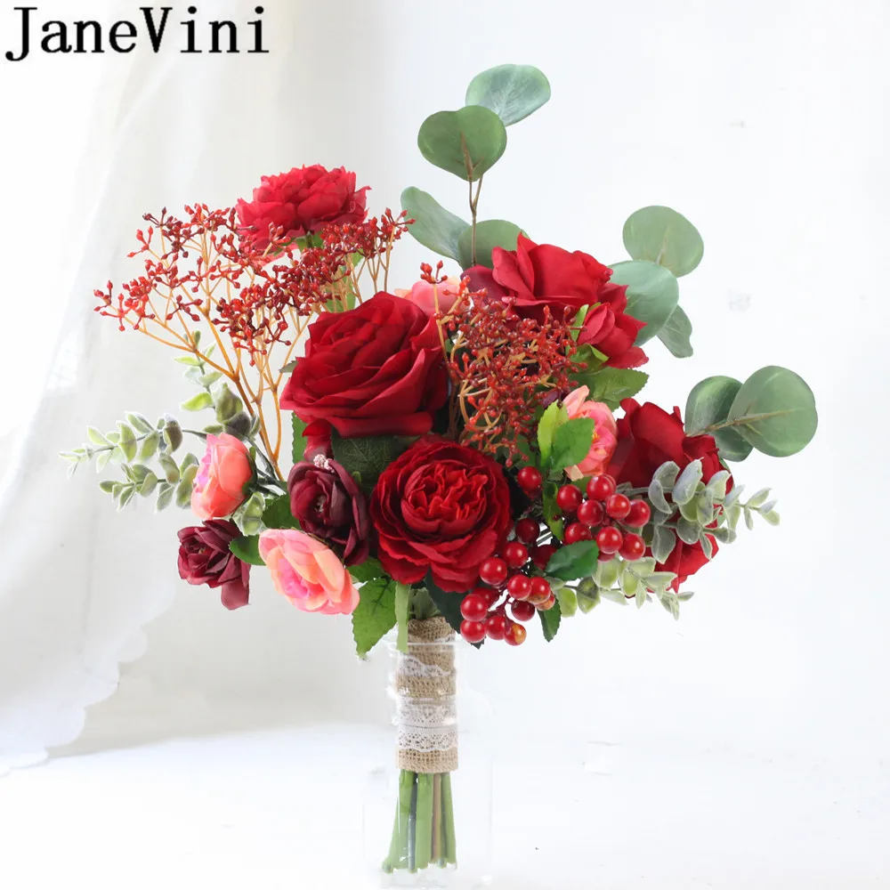 

JaneVini Red Flower Bride Bouquet Artificial Peony Sunflower Eucalyptus Yellow Wedding Bridal Hand Bouquets Bridesmaid Roses