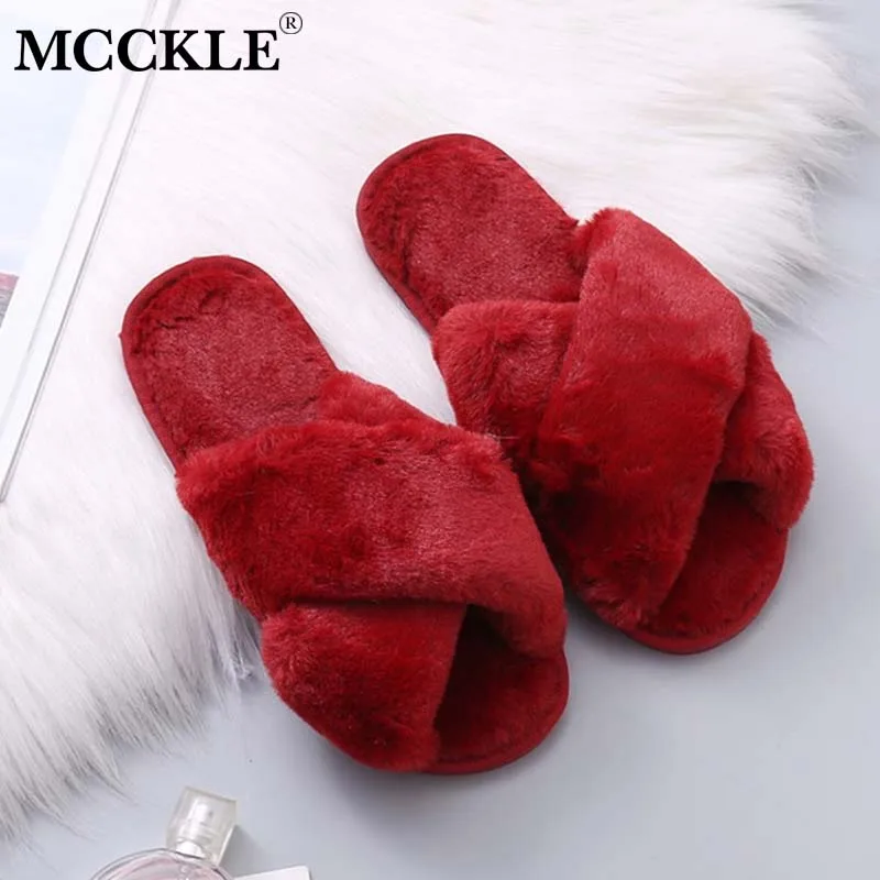 MCCKLE/зимняя домашняя обувь; женские домашние тапочки; теплая Женская обувь с искусственным мехом; мягкая плюшевая обувь с мехом; женские шлепанцы с открытым носком; модная обувь
