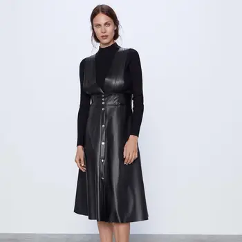 

2019 ZA Newest Fahionm Casual Lasther Drses Women Autumn Clothing V-Neck Office Lady Solid Dress Female Fall Clothing Wholesale