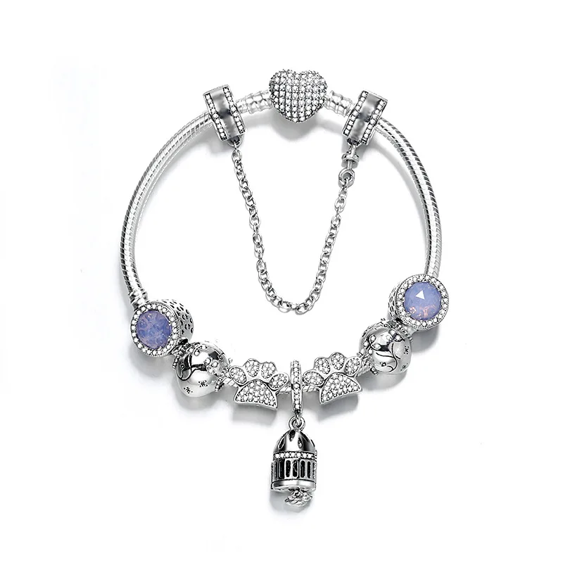 925 пробы серебряный браслет стандартная безопасная цепь кошачий глаз камень отпечаток когтя клетка для птиц череп серебряные ювелирные бусинки