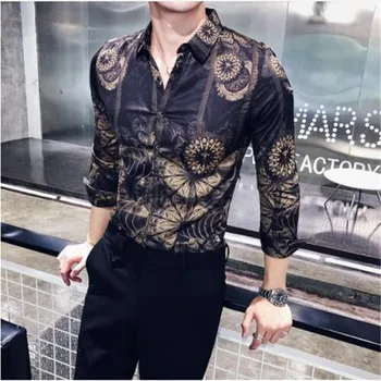 

Europe Style Shirt Men Brand New 2019 Fashion Long Sleeve Men Shirts Slim Fit Casual Print Tuxedo Shirt Dress All Match Blouses