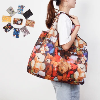 Foldable Shopping Bag Eco-friendly Folding Reusable Portable Shoulder Handbag Waterproof Polyester for Travel Grocery Bags