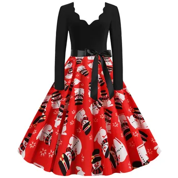 

12 Colors Christmas Vintage Dress Women Plus Size 3XL Sexy V-Neck Long Sleeve Pleated платье Housewife Evening Party Trend Dress