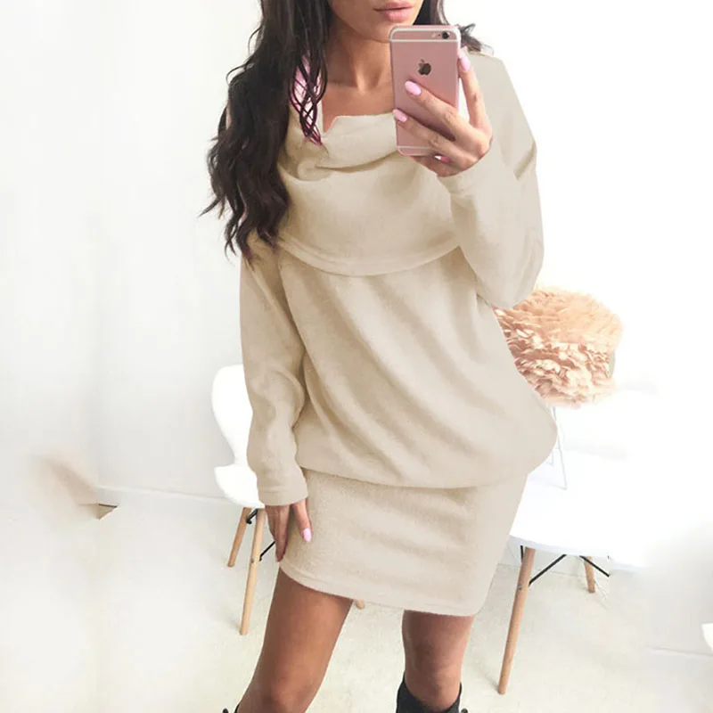 Beige Сексуальное осенне-зимнее платье-свитер, женские платья с высоким воротом, женское платье с длинным рукавом, одноцветное платье Vestidos, свободное платье для беременных - Цвет: Beige