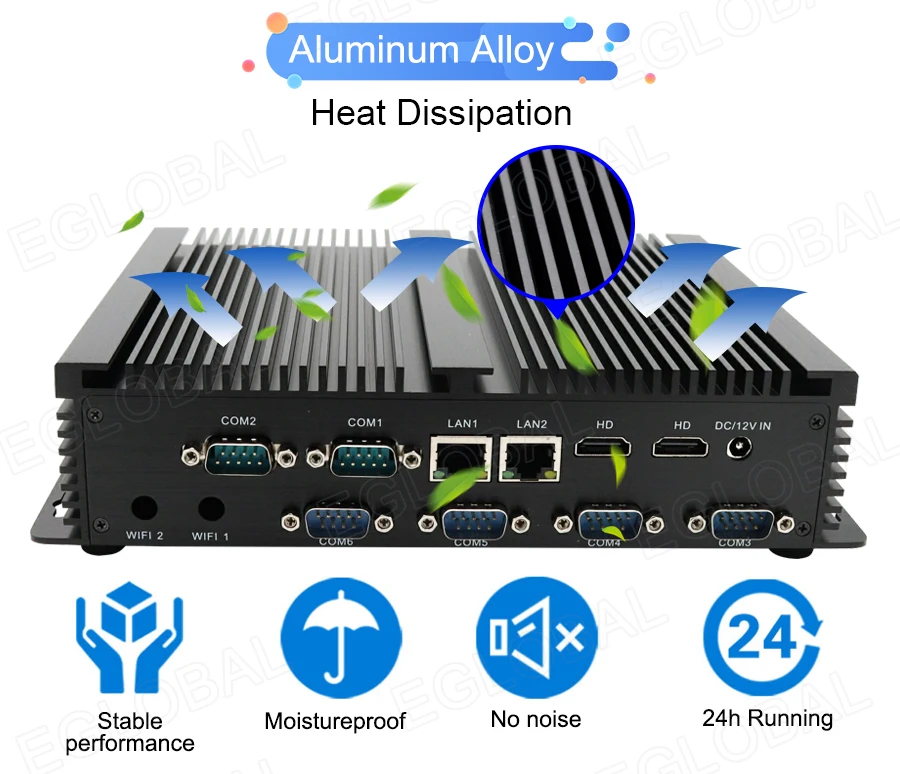 Elevate Your Workspace with Eglobal Industrial Mini PC - Intel Core i3/i5, 2 RJ45 LAN, 2 HDMI, Linux Desktop Computer, 6 RS232 COMs, 8 USB, Windows Ready Description Image.