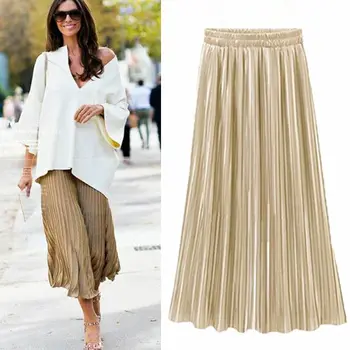 

Spring summer summer fold skirt women retro size high skirt solid long skirt new model metal skirt women
