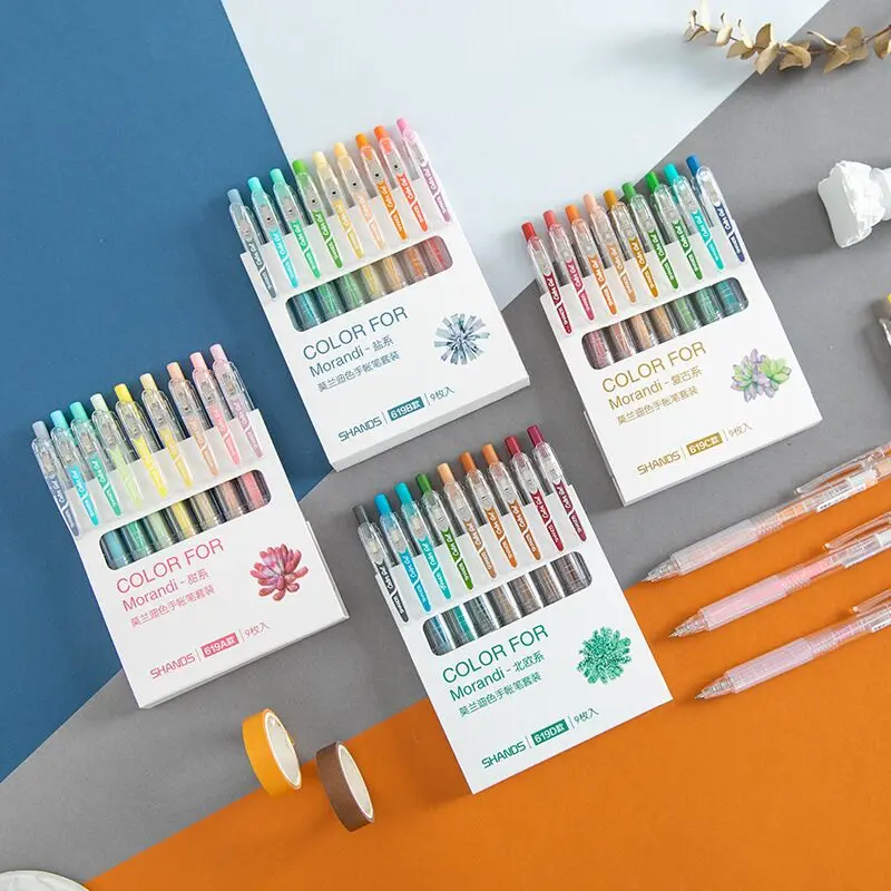 Sharkbang New Arrival 9PCS/Pack Press Type Portable Morandi Color Gel Pen DIY Graffiti Drawing Pen Marker Pen School Stationery sharkbang new arrival 4 5 6 7 8 10pcs full set series scrapbooking decorative stickers idol kpop sticker korean stationery