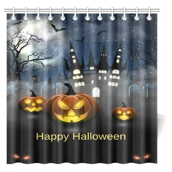 

Forest Shower Curtain Decorations, Halloween Pumpkin in Enchanted Forest Mystic Twilight Party Full Moon Tombstones Spider