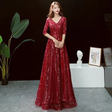 

Dress for Toast Bride Autumn 2019 Marriage New Style Half-sleeve Shirt Long V-neck Nobility Elegant Back Door Red Formal Dress W