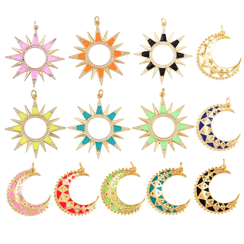 에나멜 썬 문 클리어 CZ 골드 참 펜던트, 큐빅 CZ 포장, 쥬얼리 목걸이 팔찌 액세서리 M26 M37