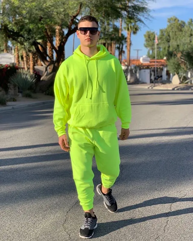 OMSJ 2021 Fashion Neon Style Mens Sets Fluorescence Green Hooded Sweatshirt+Sweatpants  Two Piece Autumn Winter Casual Tracksuit - AliExpress