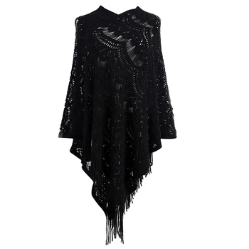 

Ladies Autumn Winter New Medium Long Section V-neck Hook Flower Hollow Irregular Tassel Cloak Shawl