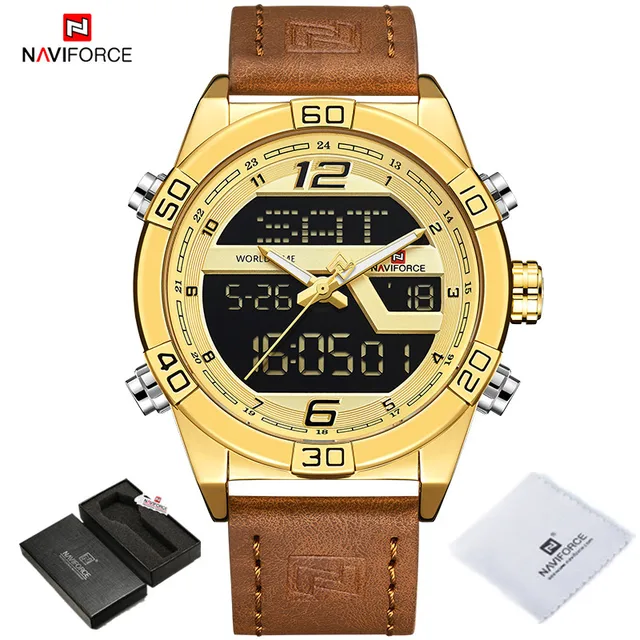 NAVIFORCE Luxury Gold Watches For Men Leather Band Waterproof Digital Alarm Sport WristWatch Man Military Dual Time Quartz Clock GWBN BOX