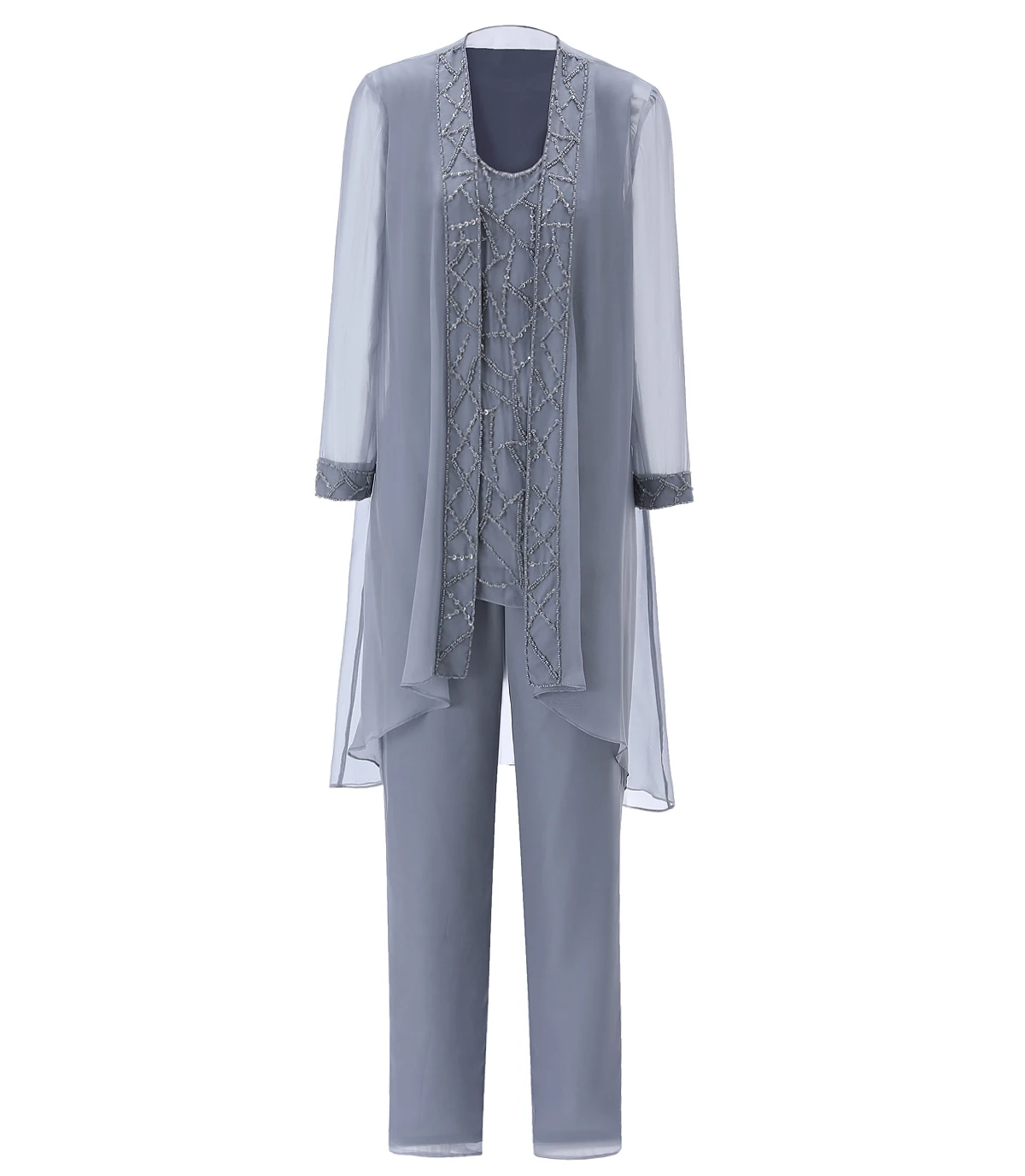 

SOLOVEDRESS Women Chiffon Beading Fashion 3 Pieces Mother of the Bride Dress Pant Suits with Long Sleeves Outfit JacketSL-M17