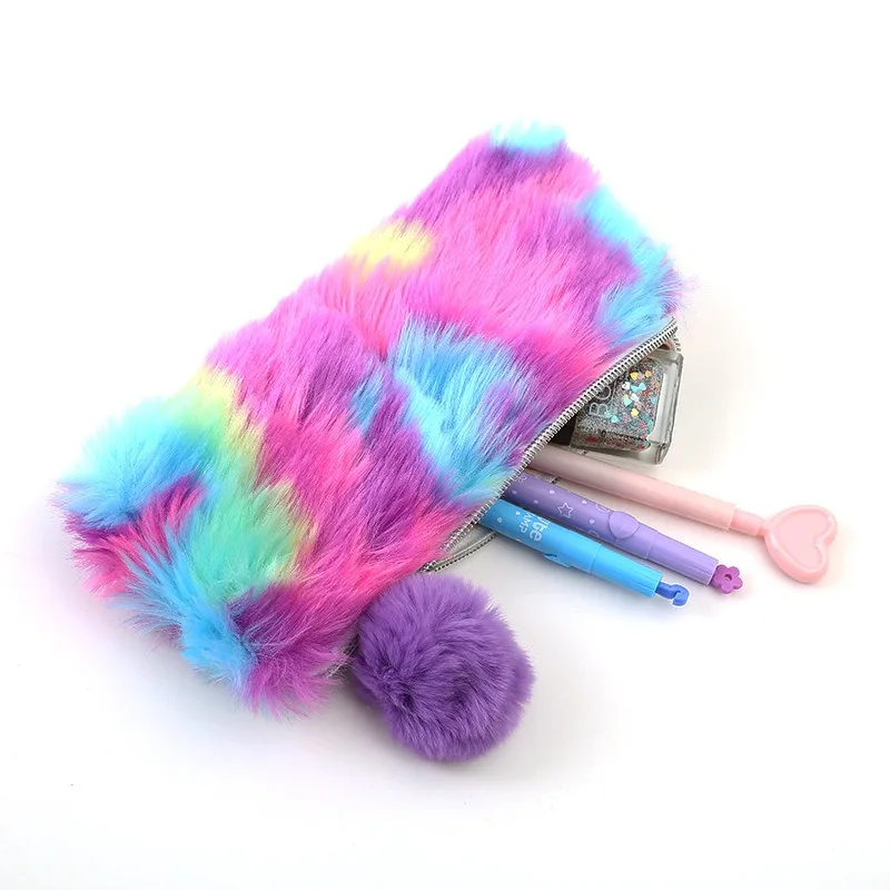 

Cute Multi-Color Rainbow Cosmetic Bag Women Makeup Bag Girl Pencil Case Plush Fur Travel Makeup Organizer Pompom School Supplies