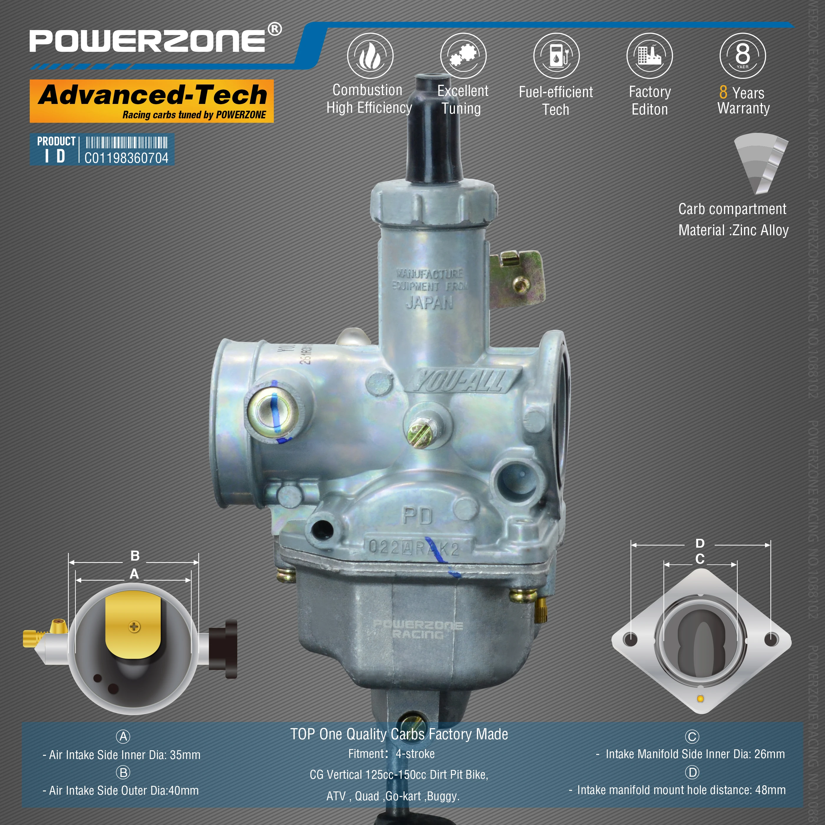 Powerzone карбюратор PZ26 26 мм CVK Ускорительный Насос Carb для CG вертикальный 125cc-150cc велосипед грязи, ATV, Quad, Go-kart, багги