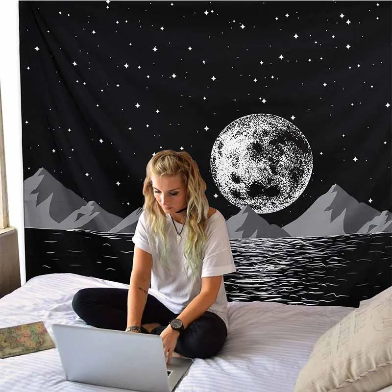 Natural Moon Star Series Space Tapestry Wall Hanging Black White Hippie Tapestry Wall Carpet Thin DormDecor Psychedelic Tapestry