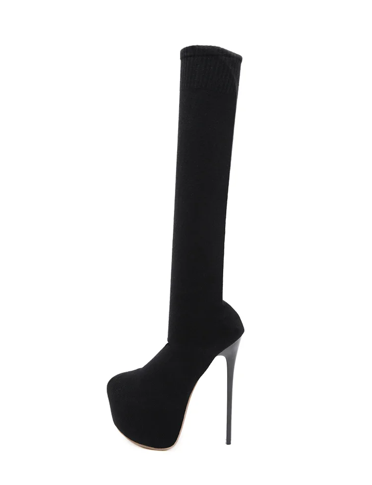 Aneikeh/модные эластичные сапоги-носки женские весенне-Осенние эластичные сапоги выше колена на высоком каблуке 17 см с круглым носком; женские туфли-лодочки