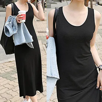 

Trendy Simple Black Sleeveless Dress Women Fashion Summer Maxi Dress Sukienka Lady Casual Pure Color Vest Dress Vestido Mujer#C3