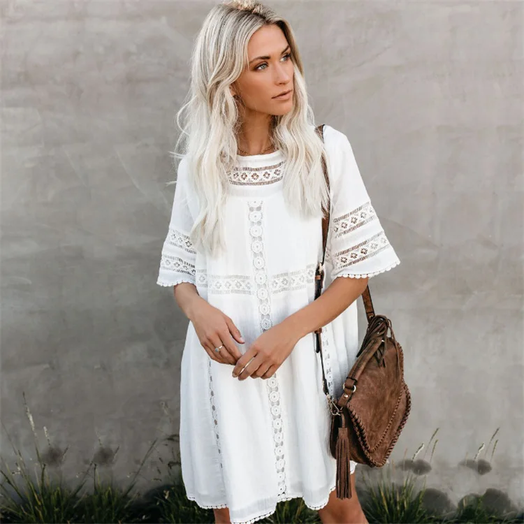 

Tunic Bikini Cover-ups 2019 White Cotton Tunic Beach Dress Summer Women Beachwear Sexy V-Neck Button Front Beach Cover Up