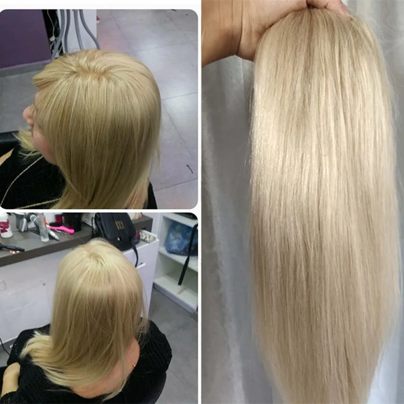 

Ash Blonde Human Hair Topper Wig 16*18 cm Breathable Toupee with Clips Remy Hair Hairpiece Glueless With Clip Blond Human Hair