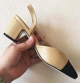 

Moraima snc Woman Round Toe High Heel Shoes Mixed Colors Leather Pumps Shallow Thick Heels Dress Shoe Nude Black