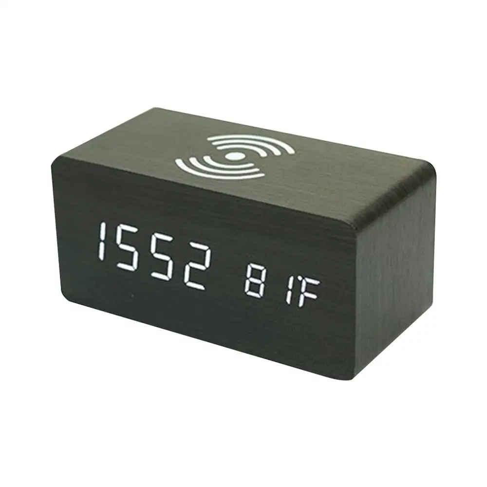 1 Цифровой будильник с беспроводной зарядкой спальня деревянный Электрический светодиодный настольные часы - Цвет: 1