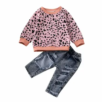 

Kids Baby Girl Tracksuits Clothes Sets Leopard Cotton Sweatshirts Holes Denim Pants Children Girl Streetwear Outfits 1-6Y