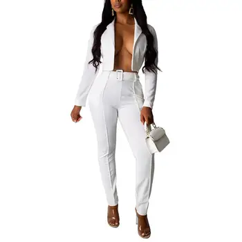 

2Pcs/Set Office Lady Solid Color Long Sleeve Short Blazer Belted Suit Pants