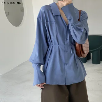 

Women's Long Sleeve Blouse Autumn New Korean Style V-neck Lace-up Button Up Shirt Street Style Sashes Ladies Chic Blouse Tops