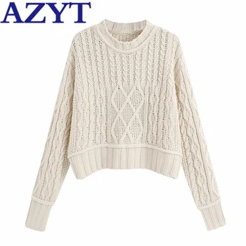 

AZYT Vintage Syle Twisted O Neck Pullover Sweater Harajuku Loose Solid Jumpers Sweater Coat Long Sleeve Short knitwear Sweater