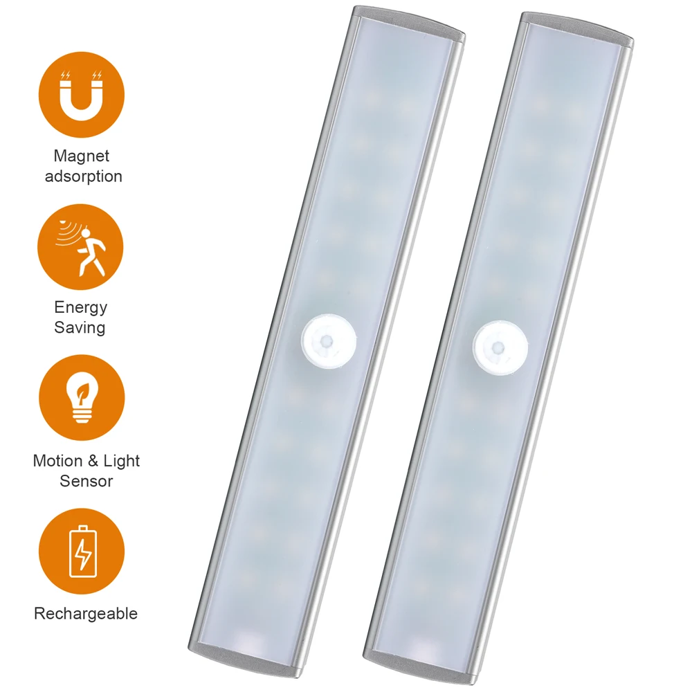 

Magnetic USB Rechargeable LED Under Cabinet Lighting Motion Sensor Closet Lamp Night Light 20LEDs for Closet Wardrobe Stairs