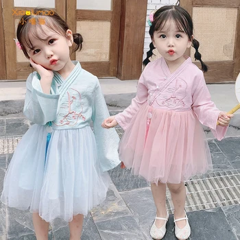 

Chinese dress kids tulle dress girl long sleeve girl dress Hanfu plum pattern printed blue pink kids formal dresses for gi