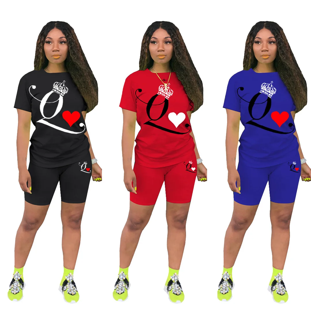 

2020 Summer Women Suit European and American Hot Style Model Solid-color Letter CrownQ Heart Print Biker Shorts 2 Piece Set