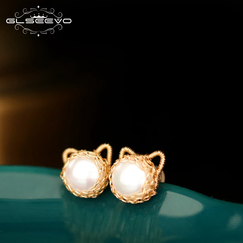 

GLSEEVO Natural Fresh Waterl Pearl Stud Earrings For Women Party Gifts Cat Earrings Handmade Jewelry Orecchini Donna GE0884