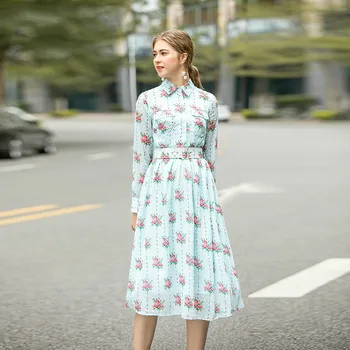 

High Quality 2020 Fall&Spring Dress Flower Print Office Lady Blue Eleghant Casual Dress Women vestidos With Belt