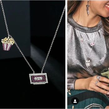 

Popcorn Cassette Collar Necklace Pixel LOVE 80s Play Paved AAA Zircdon Stone 925 Sterling Silver Women Wedding Cassette Jewelry