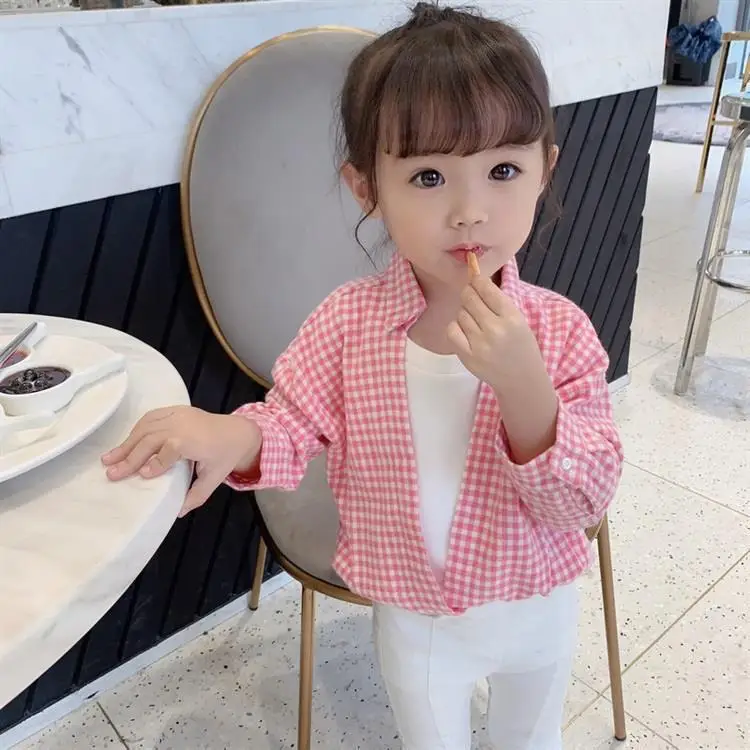 

1018 Activity Price Girls Plaid Shirt Autumn Clothing Mock Two-Piece Tops Little Girl Long-sleeve Blouse Fashion