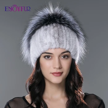 

ENJOYFUR women winter fur hats real mink fox fur hand-woven girl bonnets fashion rose flower russia female warm earflap beanies