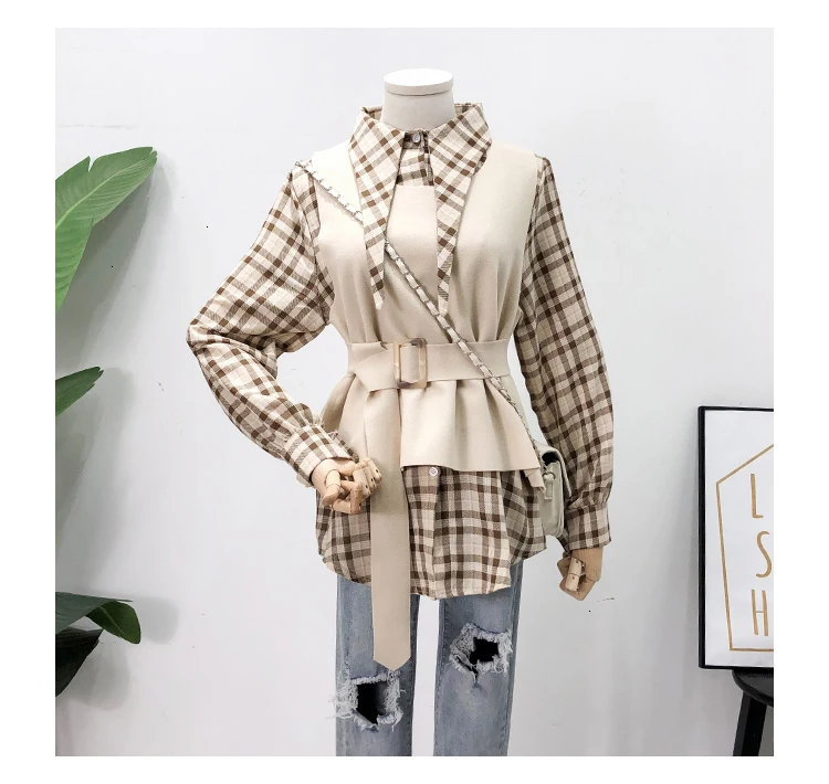 Elegant Autumn Blouse Women Vintage Plaid Long Sleeve Shirt+ Woolen Casual With Sashes Vest Two Pieces Set Matching Set