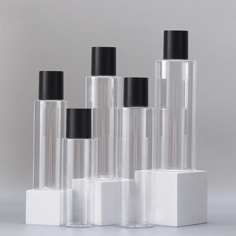 

100-250ml Empty Black Cap Flat Shoulder Refillable Hydrosol Bottles Portable Clear PET Travel Liquid Cream Container Jar Makeup