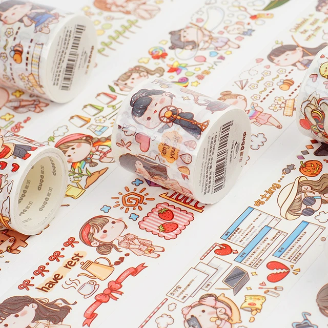 1 Roll Stationery Stickers Washi Paper Self-adhesive Long Tape Cartoon Girl  Cute Decals DIY Decoration Various Journal Scrapbook Handbook Girl Decals  Children Gift 