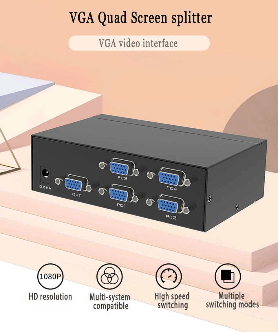 VGA мультипросмотра сплиттер для мониторов 4 VGA вход 1VGA выход, несколько режимов переключения экрана Поддержка 1080p сплиттер для мониторов