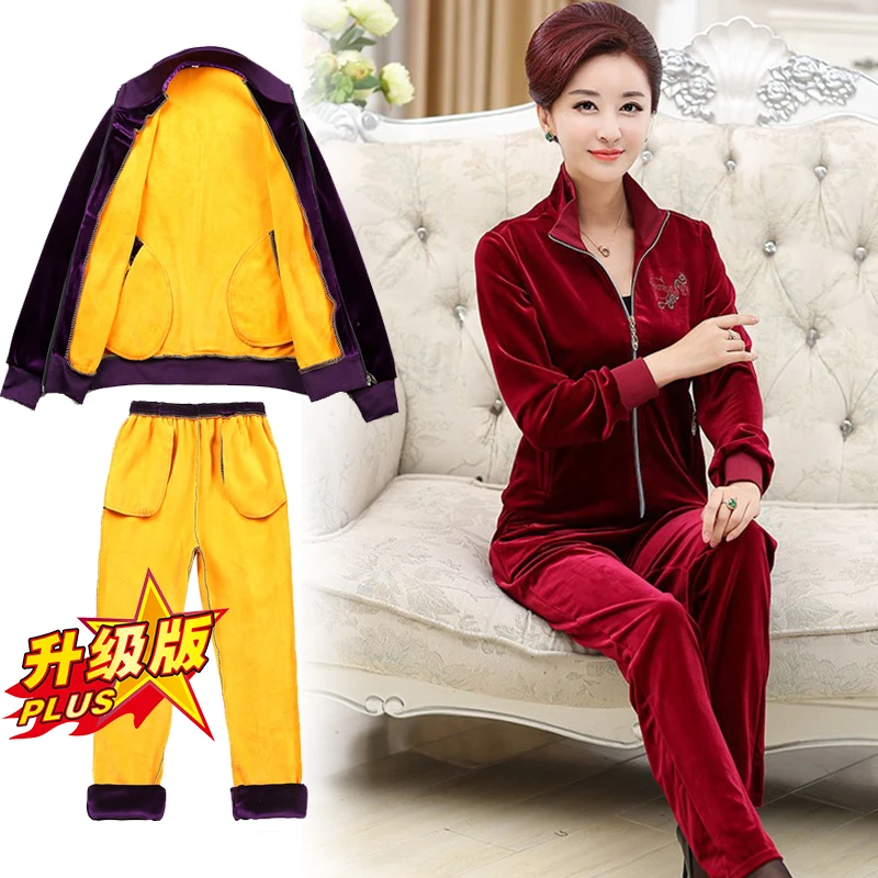 Winter Thick Warm Sporting 2 Piece Sets Middle-aged Women Gold velvet Sportswear Sets Suit Plus size Loose Tracksuit Coat+Pants