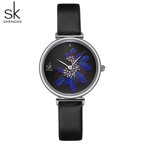 Shengke часы женские брендовые роскошные женские часы Новые Элегантные Синие перьевые часы водонепроницаемые кожаные ремешок Женские кварцевые наручные часы Montre Femme - Цвет: Black watch